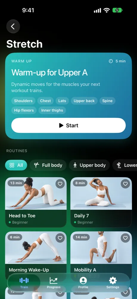 The Stretch page: a warm-up for Upper A and stretching routines